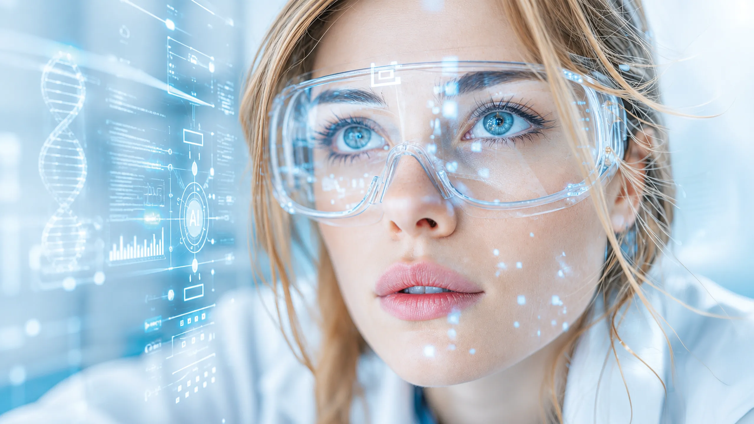 AI-embedded platform visual: woman wearing AR/AI glasses with holographic clinical data overlay